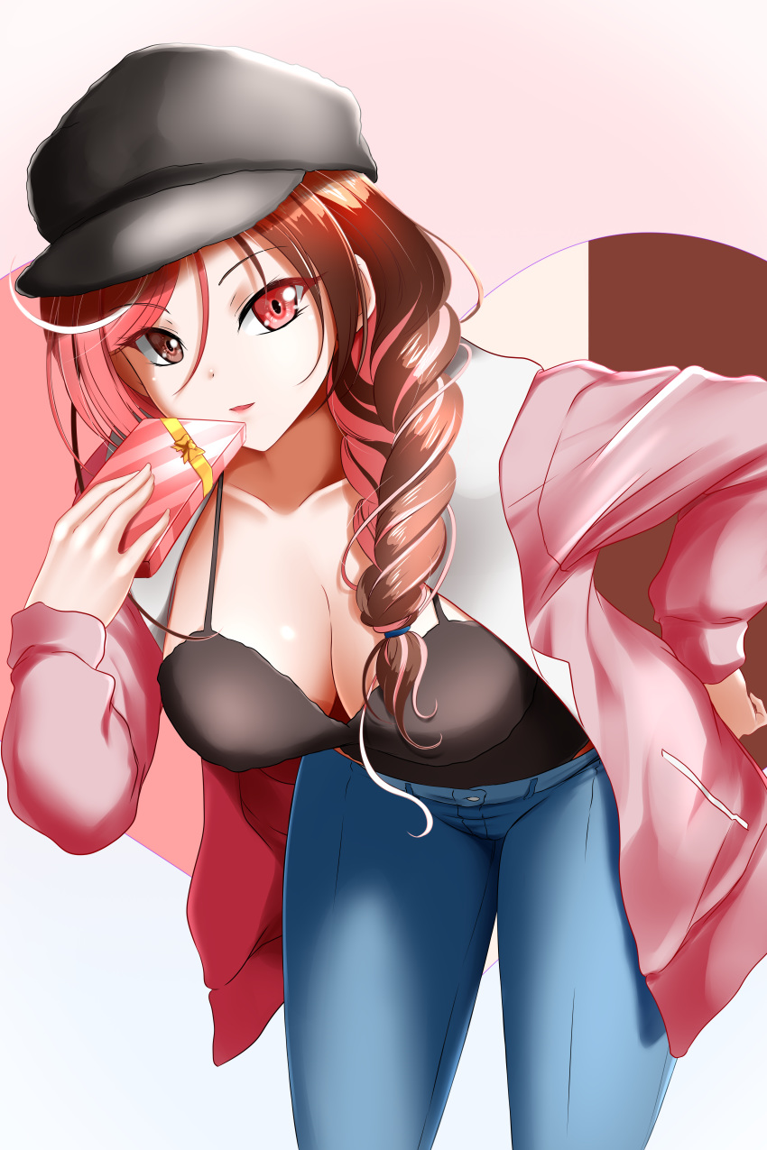 1girl absurdres alfred_cullado banned_artist bent_over black_headwear black_shirt blue_pants box braid breasts brown_eyes brown_hair cardigan cleavage collarbone cowboy_shot gift gift_box hair_between_eyes hair_over_shoulder hand_on_hip hat heterochromia highres holding_bow huge_filesize large_breasts long_sleeves looking_at_viewer multicolored_hair neo_politan open_cardigan open_clothes paid_reward pants pink_cardigan pink_eyes pink_hair rwby shiny shiny_hair shirt single_braid sleeveless sleeveless_shirt solo standing two-tone_hair valentine