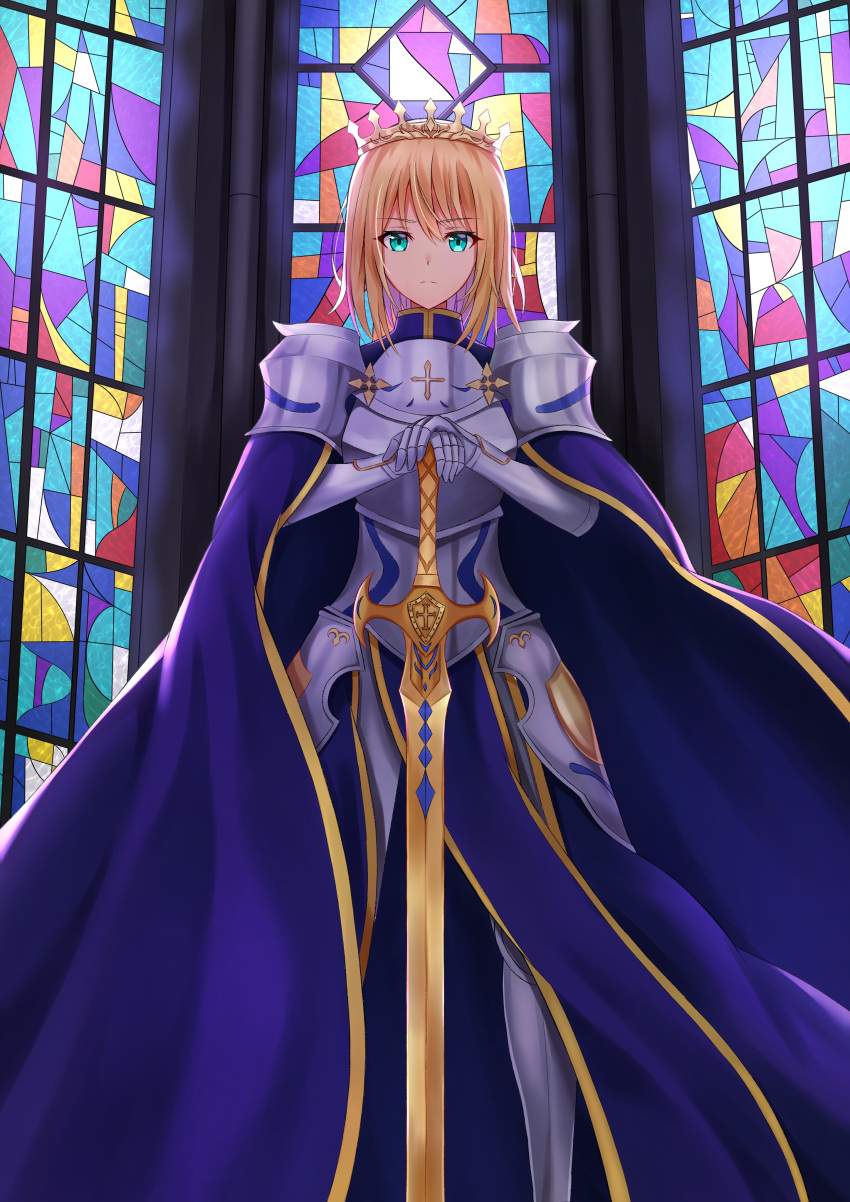 1girl absurdres aqua_eyes armor blonde_hair breastplate cape church commentary_request cross crown eyebrows_visible_through_hair faulds gauntlets gold_trim greaves hands_on_hilt highres indoors knight looking_at_viewer medium_hair original pelvic_curtain planted_sword planted_weapon plate_armor serious shoulder_armor solo stained_glass sword weapon yuyuenimo