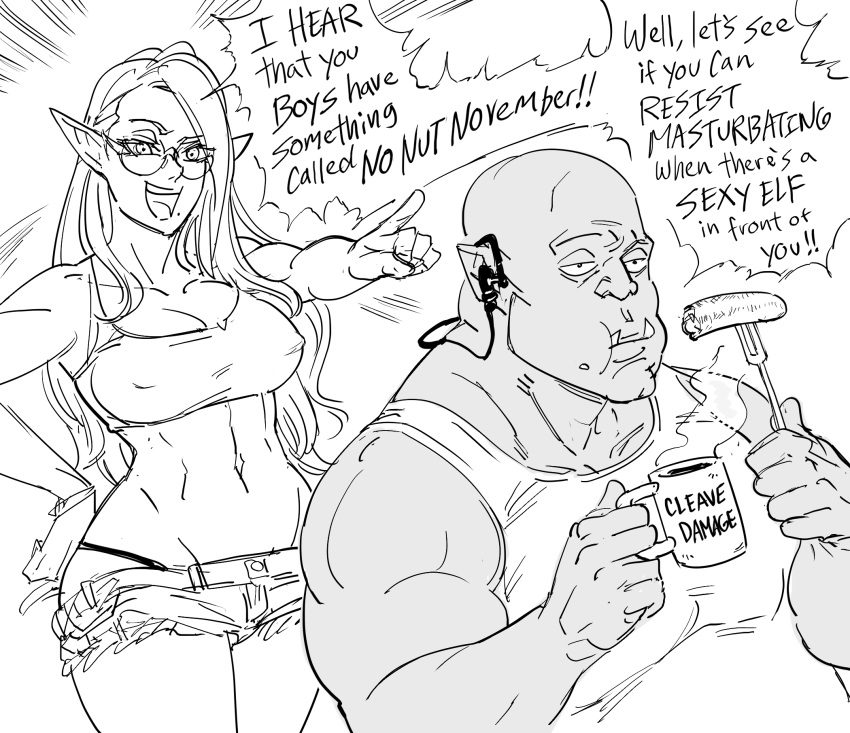 1boy 1girl :d bald bb_(baalbuddy) breakfast breasts commentary couple covered_nipples cup earphones eating elf english_commentary fang fang_out fangs food fork greyscale hand_on_hip hetero highres holding holding_cup large_breasts long_hair midriff mole mole_under_mouth monochrome mug_writing navel no_nut_november open_mouth orc original pointing pointy_ears rejection round_eyewear sausage shirt short_shorts shorts simple_background sleeveless sleeveless_shirt smile tank_top white_background