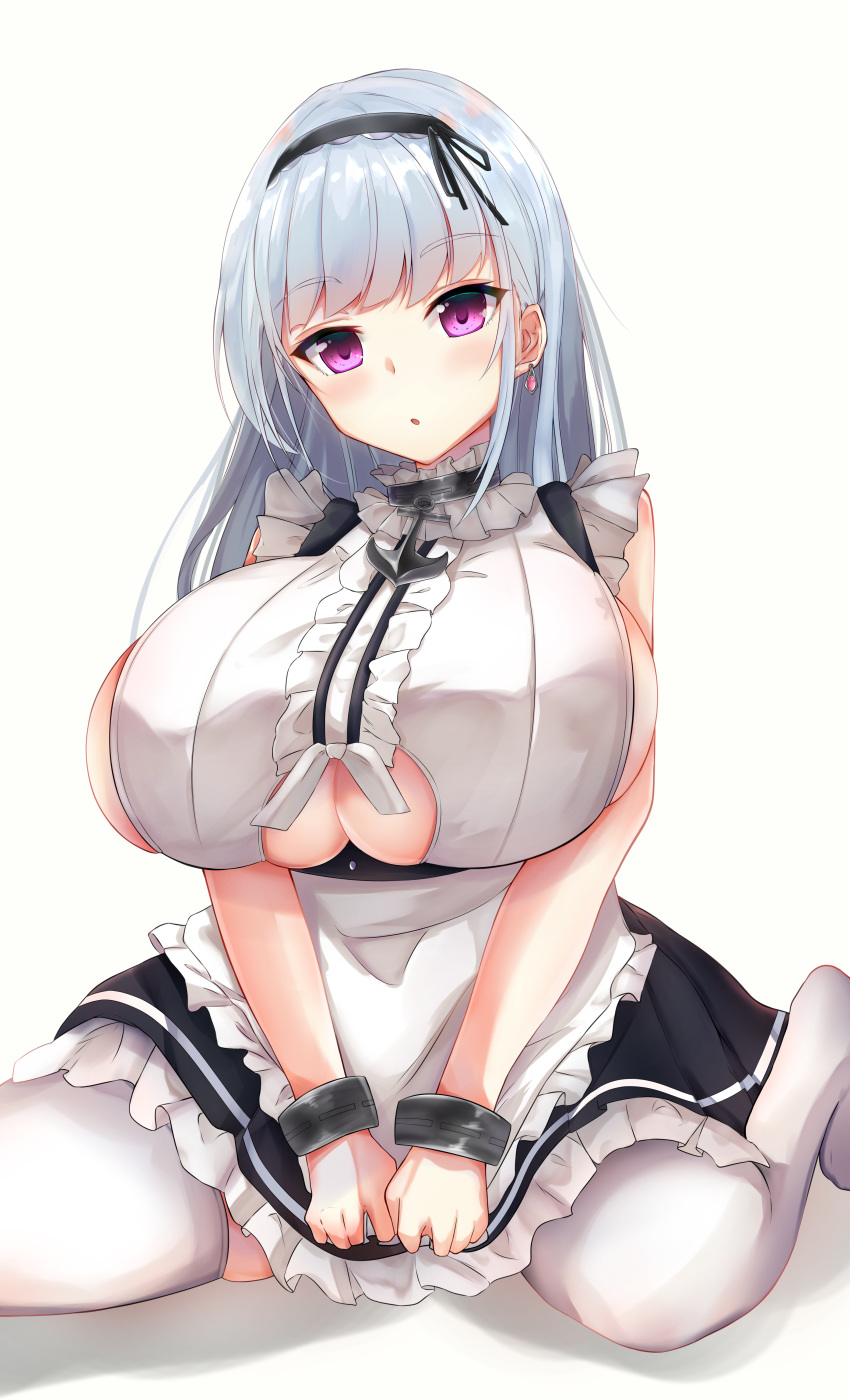 1girl absurdres alternate_costume apron azur_lane bangs bare_shoulders black_hairband blush breasts cleavage_cutout dido_(azur_lane) enmaided eyebrows_visible_through_hair frills hairband highres huge_breasts kanno_esuto long_hair looking_at_viewer maid purple_eyes silver_hair sitting sleeveless solo thighhighs underboob underboob_cutout waist_apron white_apron white_legwear