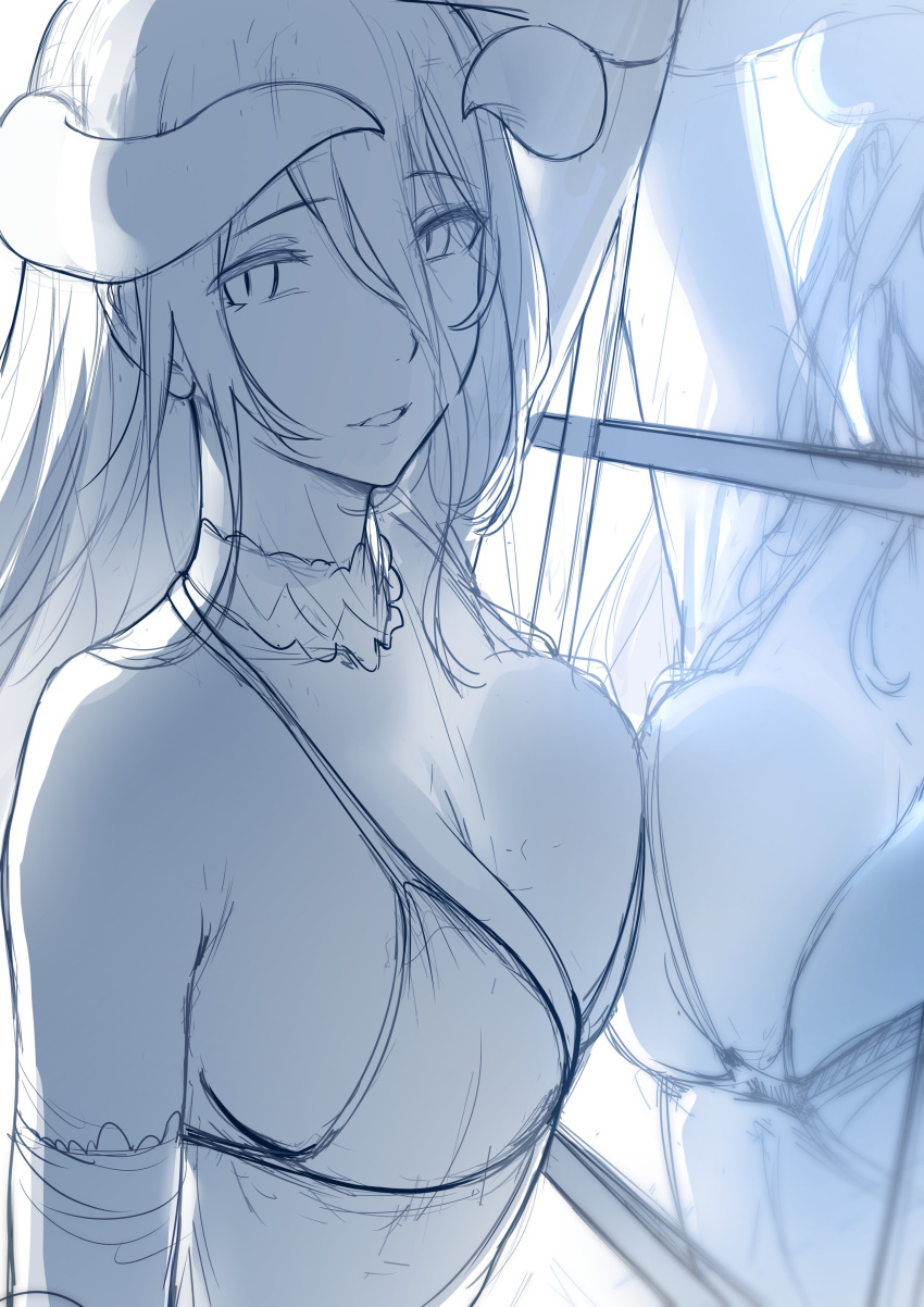 1girl absurdres albedo arm_up breasts cleavage commentary hair_between_eyes hews_hack highres horns long_hair looking_at_viewer medium_breasts overlord_(maruyama) parted_lips reflection sketch solo window work_in_progress