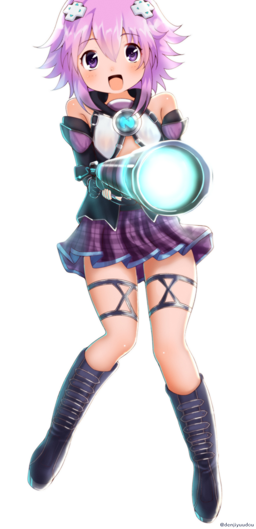 1girl absurdres bare_legs boots choujigen_game_neptune denjiyuudou highres huge_filesize neptune_(neptune_series) neptune_(series) purple_eyes purple_hair short_hair thigh_boots thighhighs