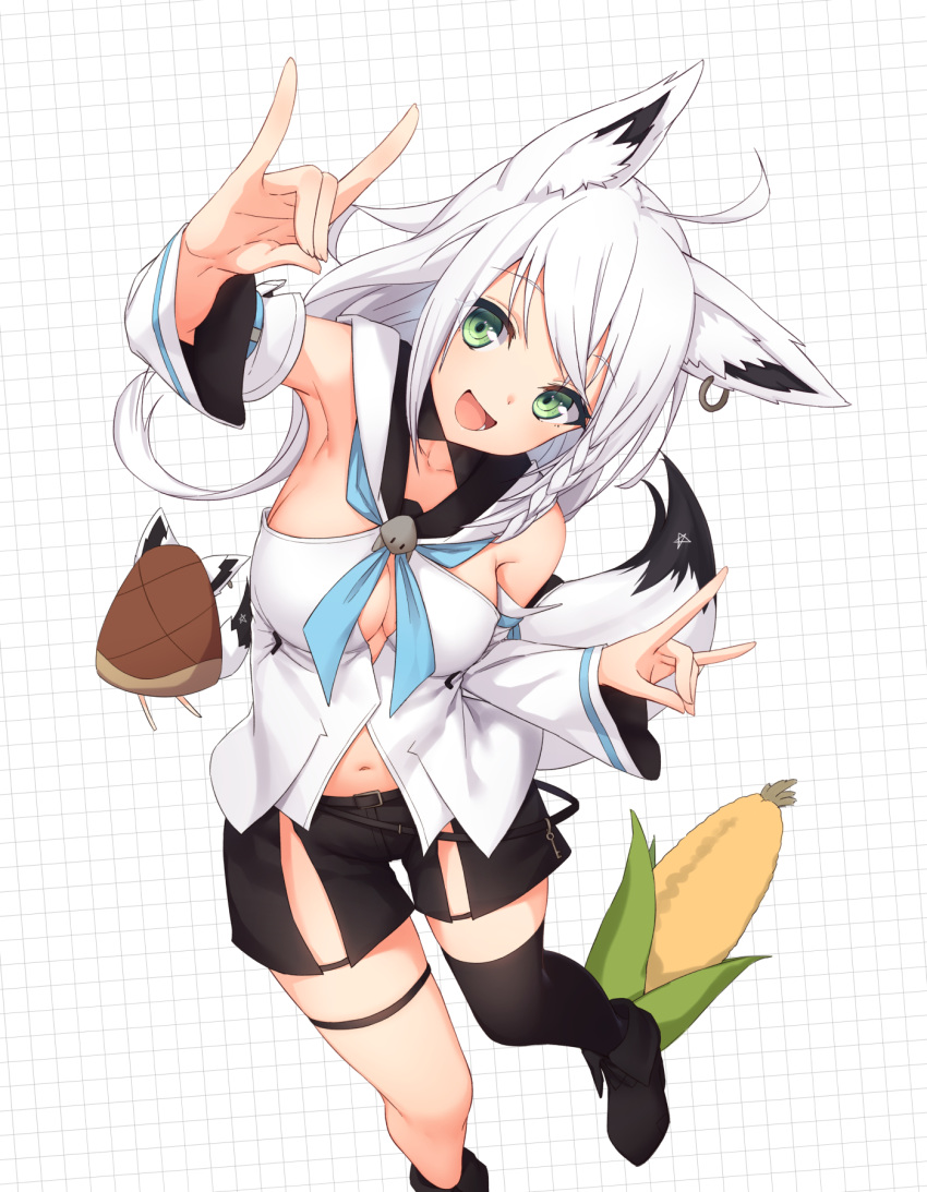 1girl ahoge animal_ear_fluff animal_ears armpits bamboo_shoot bangs belt black_footwear black_legwear black_shorts blue_neckwear boots braid breasts cleavage collarbone corn detached_sleeves dutch_angle earrings eliot_c_f eyebrows_visible_through_hair fox_ears fox_shadow_puppet fox_tail from_above green_eyes highres hololive jewelry looking_at_viewer medium_breasts midriff navel neckerchief open_mouth shirakami_fubuki shirt short_shorts shorts sidelocks single_braid single_thighhigh smile solo standing tail thighhighs virtual_youtuber white_shirt