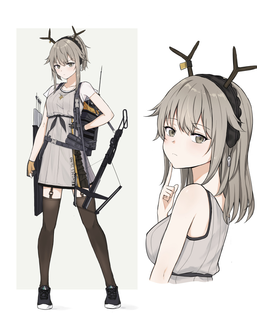 1girl absurdres antlers arknights bangs black_legwear bow_(weapon) breasts crossbow crossbow_bolts deer_antlers deer_girl eyebrows_visible_through_hair finger_to_chin firewatch_(arknights) from_side full_body garter_straps grey_eyes grey_hair hair_between_eyes highres holding holding_weapon jewelry long_hair looking_at_viewer mango_(mgo) multiple_views necklace ponytail see-through_sleeves serious shoes sidelocks simple_background small_breasts sneakers tank_top thighhighs upper_body v-shaped_eyebrows weapon white_background