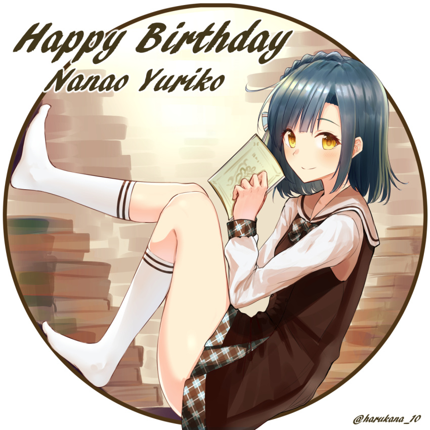 1girl bangs blue_hair book braid happy_birthday harukana_(harukana_10) highres holding holding_book idolmaster idolmaster_million_live! kneehighs long_sleeves looking_at_viewer nanao_yuriko parted_bangs plaid plaid_neckwear plaid_skirt school_uniform serafuku short_hair skirt twitter_username white_legwear yellow_eyes