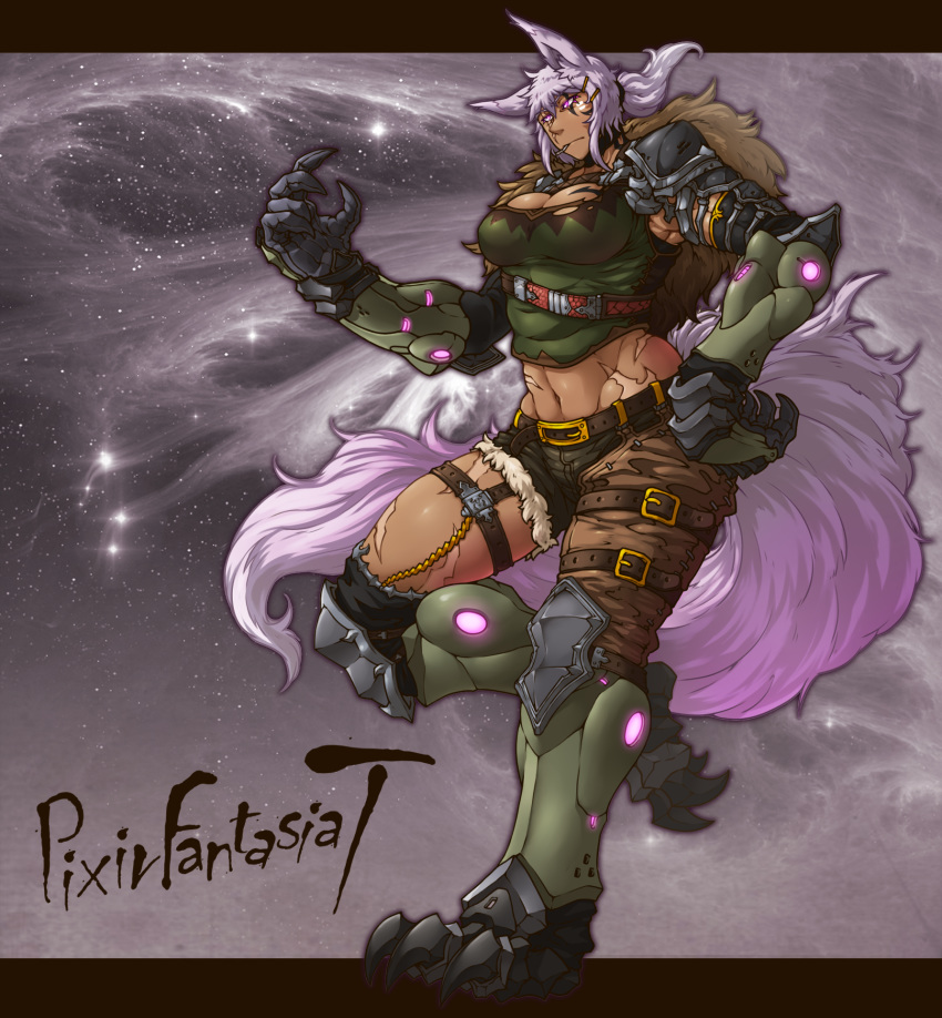 3_toes 5_fingers animal_humanoid armor belt big_breasts big_claws big_tail bottomwear breasts canid canid_humanoid canine canine_humanoid claws clothed clothing cybernetic_arm cybernetics cyborg dantera_rina dark_skin detailed_background english_text eye_markings eye_scar female fingers fluffy fluffy_tail fully_clothed glowing glowing_eyes hair hi_res humanoid hutago inner_ear_fluff machine mammal mammal_humanoid markings midriff muscular muscular_female navel pixiv_fantasia ponytail pose scar shirt shorts sky solo space standing star starry_sky text toes topwear tuft wide_hips wolf_humanoid