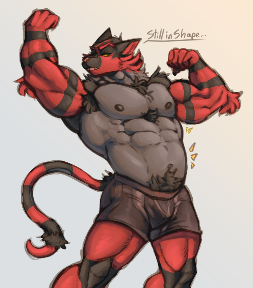 abs anthro armpit_hair biceps big_muscles body_hair bulge chest_hair clothed clothing deltoid eggubboyo felid feline flexing fur hi_res incineroar male mammal muscular muscular_male nintendo obliques partially_clothed pok&eacute;mon pok&eacute;mon_(species) pubes red_body red_fur solo standing topless triceps underwear video_games