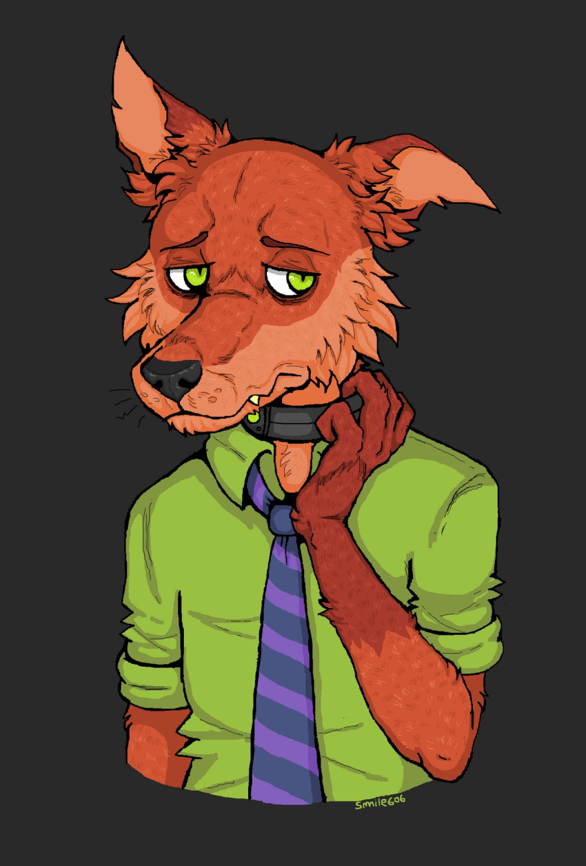 2019 anthro black_background brown_body brown_fur canid canine cheek_tuft clothing collar disney facial_tuft fox fur gloves_(marking) green_eyes hi_res male mammal markings necktie nick_wilde notched_ear red_fox shirt shock_collar simple_background smile606 solo topwear tuft zistopia zootopia