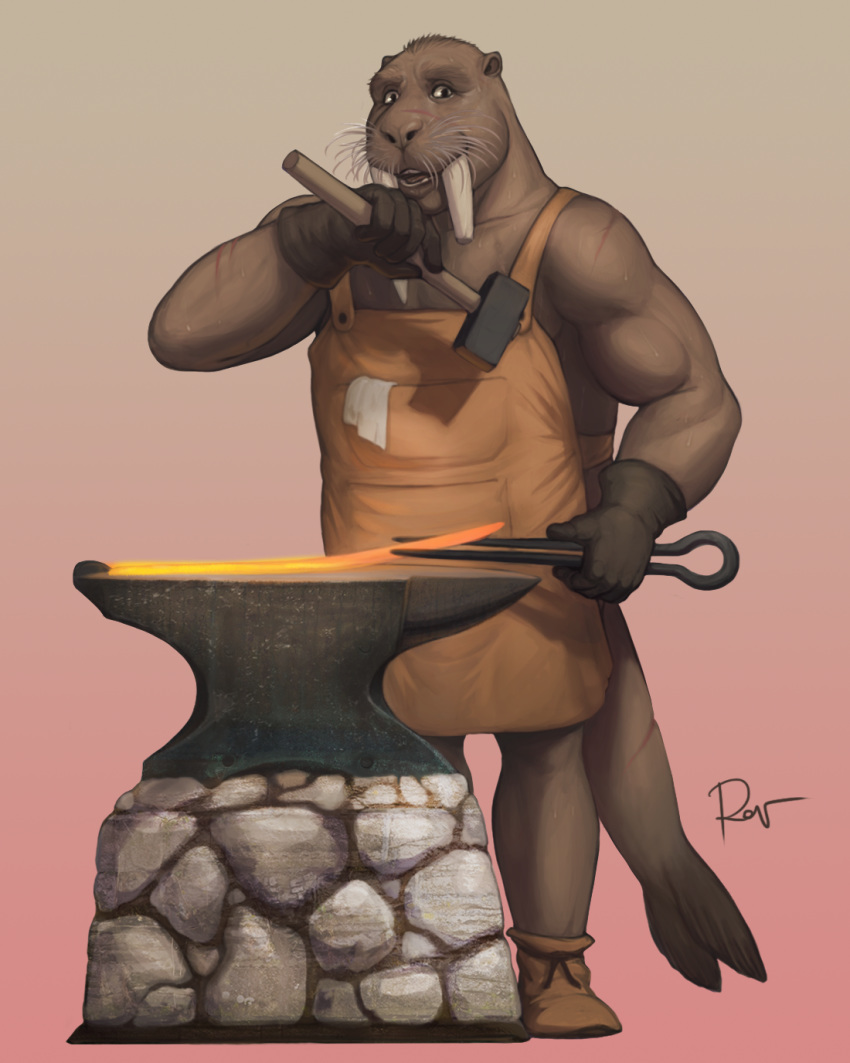 anthro anvil apron biceps blacksmith clothed clothing footwear full-length_portrait gloves hammer handwear hi_res holding_hammer looking_at_viewer male mammal marine muscular muscular_male pinniped portrait rov solo tools walrus whiskers