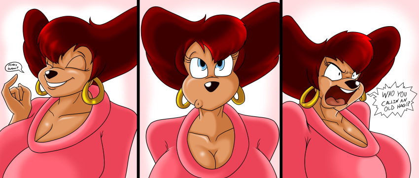 2020 absurd_res anthro big_breasts breasts canid canine clothed clothing digital_media_(artwork) disney female goof_troop hair hi_res krocialblack mammal mature_female mother parent peg_pete piercing red_hair simple_background smile solo text topwear