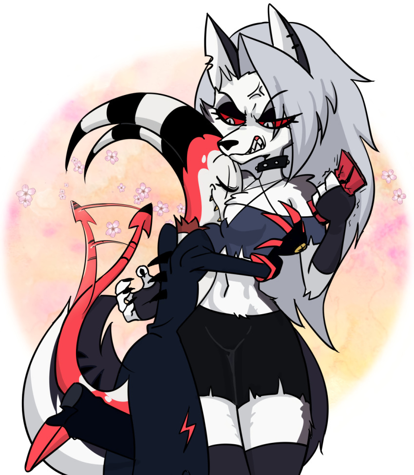 angry anthro blitzo_(vivzmind) bottomwear breast_smother breasts canid canid_demon canine canis clothing collar cross-popping_vein demon female hellhound helluva_boss hi_res hug humanoid loona_(vivzmind) male male/female mammal red_sclera shorts smothering ta-na tailwag vein wolf