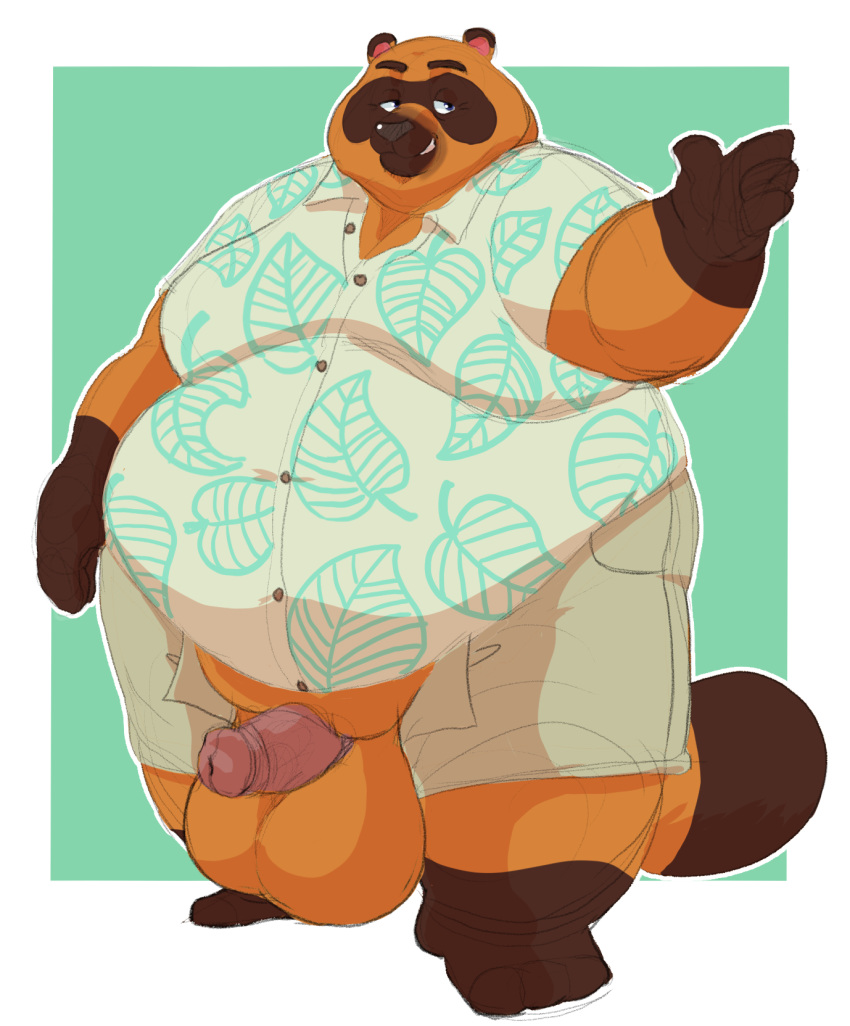 2020 animal_crossing anthro balls bottomwear brown_body brown_fur canid canine captainjusticevirtsuoso clothing fur genitals hi_res humanoid_hands justicecaptainv male mammal nintendo obese overweight overweight_male penis raccoon_dog shirt shorts solo tanuki tom_nook_(animal_crossing) topwear video_games