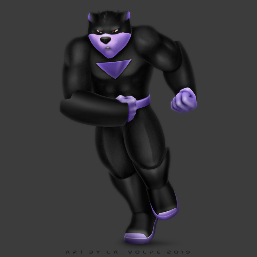 black_nose bodysuit clothing dasyurid dasyuromorph hi_res la_volpe loonatics_unleashed looney_tunes male mammal marsupial muscular red_eyes running simple_background skinsuit slam_tasmanian solo superhero tasmanian_devil teeth text tight_clothing warner_brothers