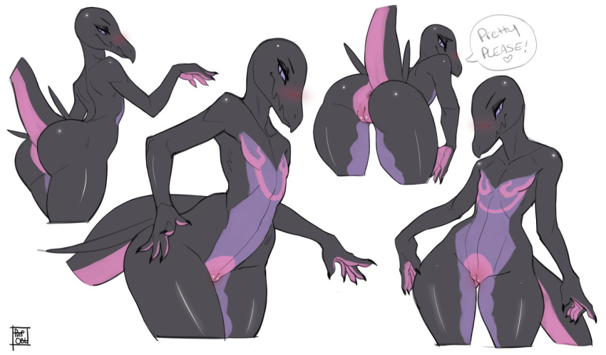 &lt;3 2020 5_fingers anthro anus bald big_tail biped black_body black_skin blush butt claws dark_skin dialogue english_text featureless_chest female fingers flat_chested front_view genitals half-closed_eyes light_skin long_tail looking_at_viewer markings multicolored_body multicolored_tail multiple_images narrowed_eyes nintendo nude pink_body pink_markings pink_skin pok&eacute;mon pok&eacute;mon_(species) presenting presenting_hindquarters purple_body purple_sclera purple_skin pussy rear_view reptile reptilian_orbit salazzle scalie signature simple_background smile solo speech_bubble talking_to_viewer text thick_tail two_tone_tail video_games white_background wide_hips