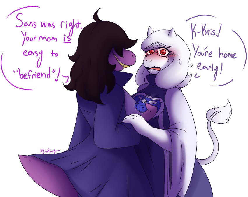 age_difference anthro blush boss_monster bovid brown_hair caprine clothed clothing deltarune dialogue duo eyewear female female/female freckles fur glasses goat grabbing hair hair_over_eyes hi_res hornynym long_ears long_hair mammal purple_body purple_skin questionable_consent red_eyes scalie smile susie_(deltarune) text toriel undertale video_games white_body white_fur