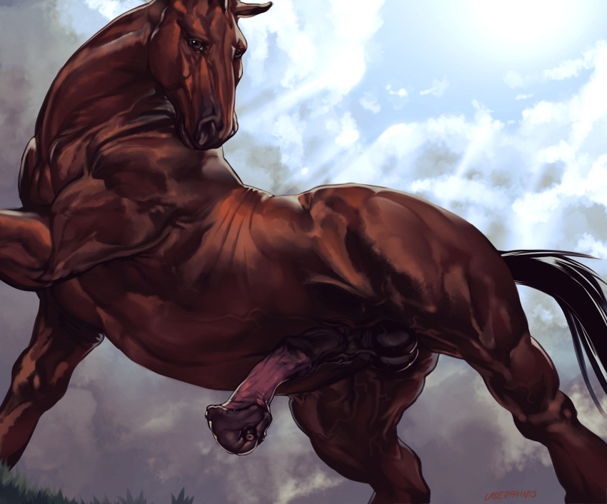 anatomically_correct anatomically_correct_genitalia anatomically_correct_penis animal_genitalia animal_penis balls black_balls black_penis black_tail brown_body brown_fur equid equine equine_penis erection feral flared_penis fur genitals hi_res horse laser_(artist) low-angle_view male mammal mottled mottled_genitalia mottled_penis penis pink_penis solo