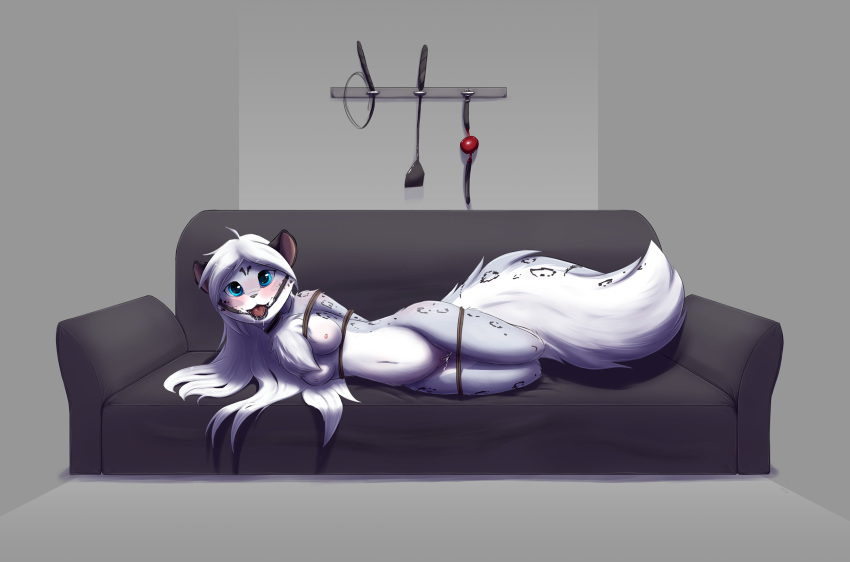 2020 aged_up anthro aroused ball_gag bdsm blue_eyes blush bodily_fluids bondage bound breasts chest_tuft collar collar_only drooling felid female fluffy fluffy_tail fur furniture gag gagged genital_fluids genitals grey_body grey_fur hair hi_res hogtied keidran long_hair looking_at_viewer lying maeve_(twokinds) mammal multicolored_body multicolored_fur navel nipples nude on_side on_sofa pantherine pussy pussy_juice riding_crop ring_gag rope rope_bondage saliva slave slowderpyguy smile snow_leopard sofa solo spots spotted_body spotted_fur tongue tuft twokinds webcomic whip white_body white_fur white_hair