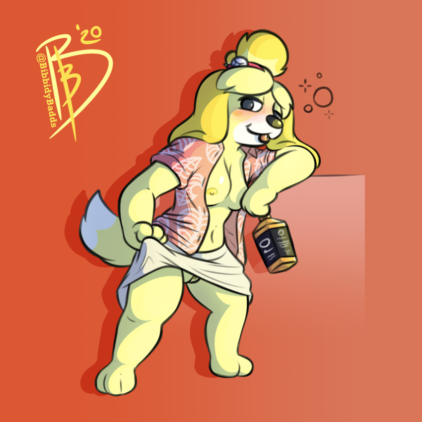 2020 alcohol alternate_version_at_source animal_crossing anthro arm_support bangs barely_visible_genitalia barely_visible_pussy bell beverage bibbidy blush bottomwear breasts canid canine canis clothed clothing clothing_lift dipstick_tail domestic_dog drunk drunk_bubbles female genitals hi_res isabelle_(animal_crossing) leaning_on_elbow mammal multicolored_tail nintendo nipples open_shirt pussy shirt signature skirt skirt_lift solo standing substance_intoxication teasing tongue tongue_out topwear video_games whiskey