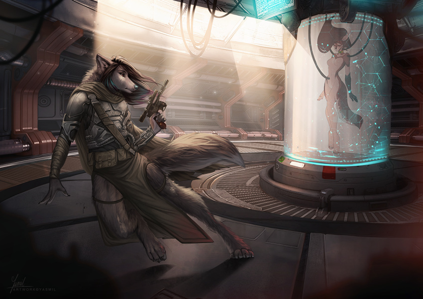 2020 4_toes 5_fingers anthro barefoot black_nose brown_body brown_fur canid canine canis clothed clothing detailed_background digital_media_(artwork) digitigrade eyebrows eyelashes female fingers fur grey_body grey_fur holding_gun holding_object holding_weapon mammal toes weapon wolf yasmil