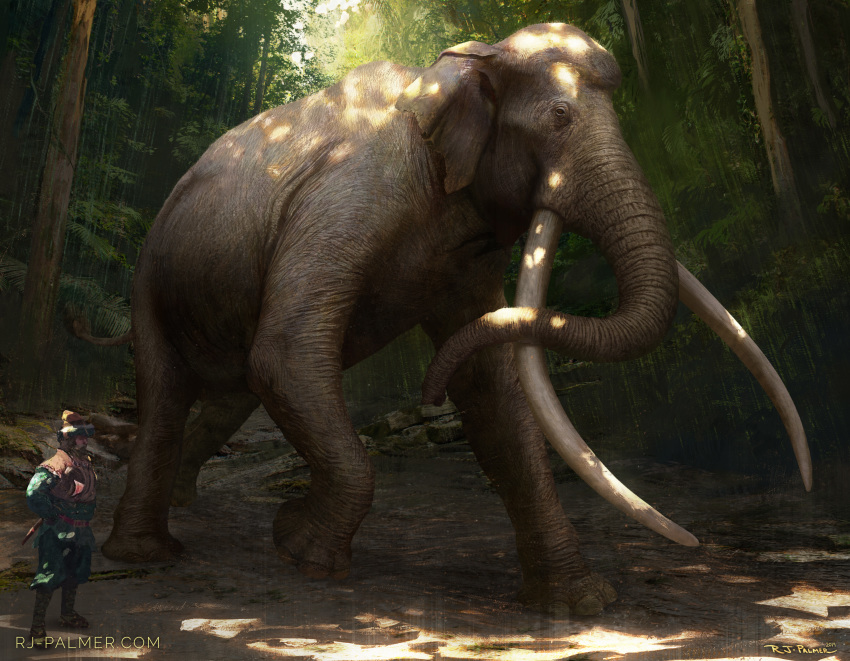 2019 absurd_res arvalis day detailed_background digital_media_(artwork) duo elephant elephantid feral forest grass hi_res human mammal outside proboscidean tree