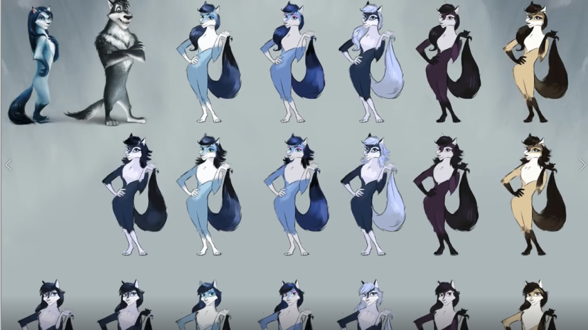 anthro areola bianca_(sheep_and_wolves) blue_body blue_eyes blue_fur blue_hair breasts canid canine canis female fur hair hand_on_hip long_hair long_legs mammal official_art pigeon_toed sheep_and_wolves small_waist smile solo standing wizart wolf