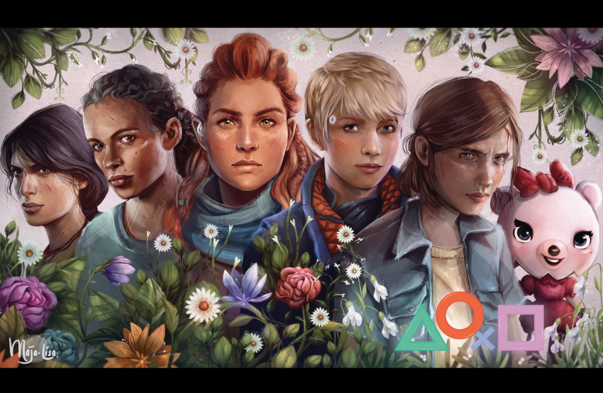2019 aloy anthro black_hair black_nose blonde_hair blouse blue_eyes bow brown_eyes brown_hair chloe_fisher clothed clothing dreams_(video_game) ellie_(tlou) female flower frances_(dreams) fur gloves group hair handwear hi_res horizon_zero_dawn human leaf looking_at_viewer maja-lisa mammal naughty_dog open_mouth orange_hair outside plant smile sony_corporation sony_interactive_entertainment standing teeth the_last_of_us topwear uncharted uncharted_4:_a_thief's_end ursid video_games white_body white_fur yellow_eyes