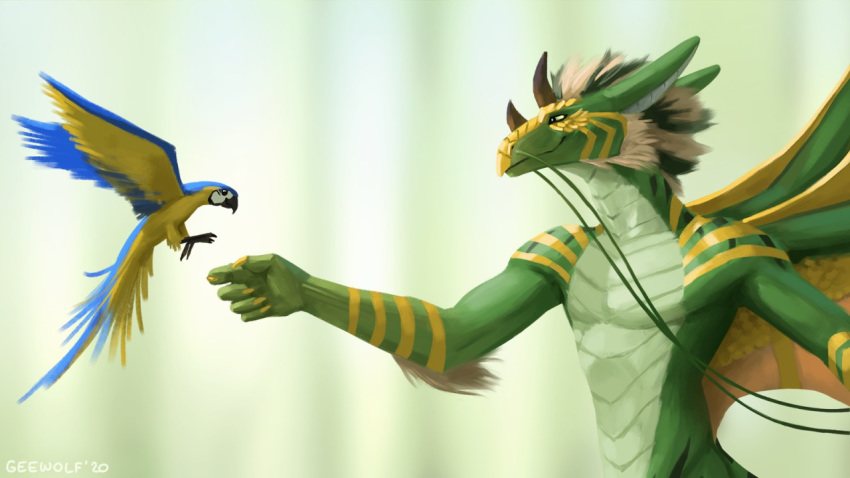 2020 5_fingers ambiguous_gender anthro arm_tuft artist_name avian beak belly_scales bird blue_body blue_feathers claws dragon duo elbow_tufts feathers feral fingers fur fur_tuft geewolf green_body green_scales larger_anthro light_scales scales scalie size_difference smaller_ambiguous smaller_feral tuft wings yellow_body yellow_claws yellow_feathers yellow_scales
