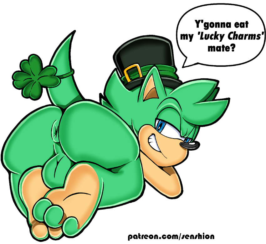 2020 anthro anus backsack balls barefoot black_nose blue_eyes butt clothing clover dialogue english_text eulipotyphlan feet four_leaf_clover fur genitals green_balls green_body green_fur grin half-closed_eyes hat headgear headwear hedgehog hi_res holidays irish_the_hedgehog looking_back male mammal narrowed_eyes on_model presenting presenting_anus presenting_balls senshion simple_background smile solo sonic_the_hedgehog_(series) speech_bubble st._patrick's_day text url white_background
