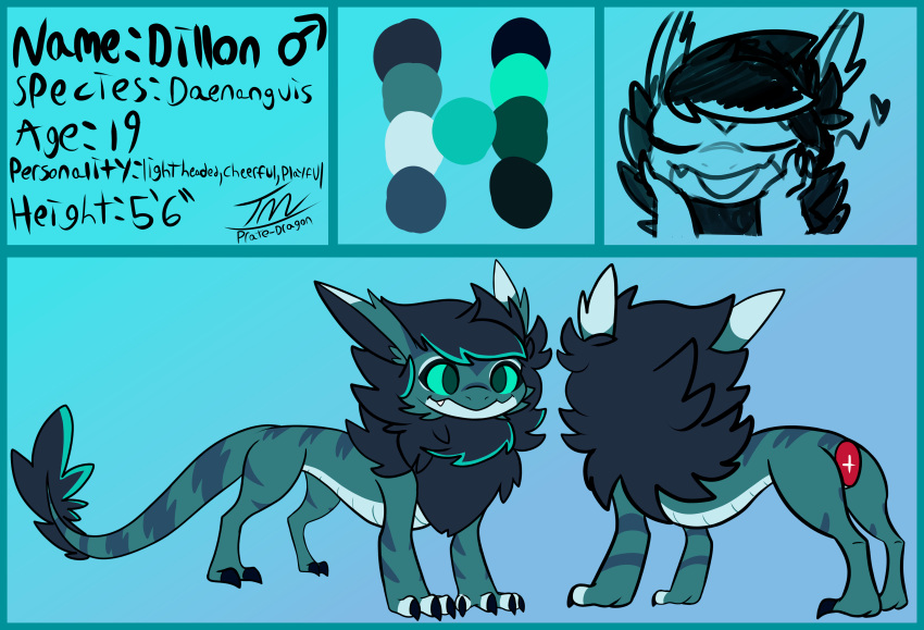 2020 absurd_res blue_background daenanguis dillon_(prate) english_text feral green_body green_eyes green_sclera hi_res male mane model_sheet prate signature simple_background smaller_version_at_source solo text