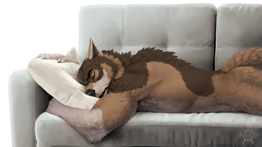 anthro bed biceps brown_body brown_fur canid canine canis claws eyes_closed fangs fur furniture kero_tzuki laying_on_couch lying male mammal multicolored_body multicolored_fur muscular muscular_male nude on_couch on_front pillow rakan simple_background sleeping solo teeth were werecanid werecanine werewolf whiskers wolf