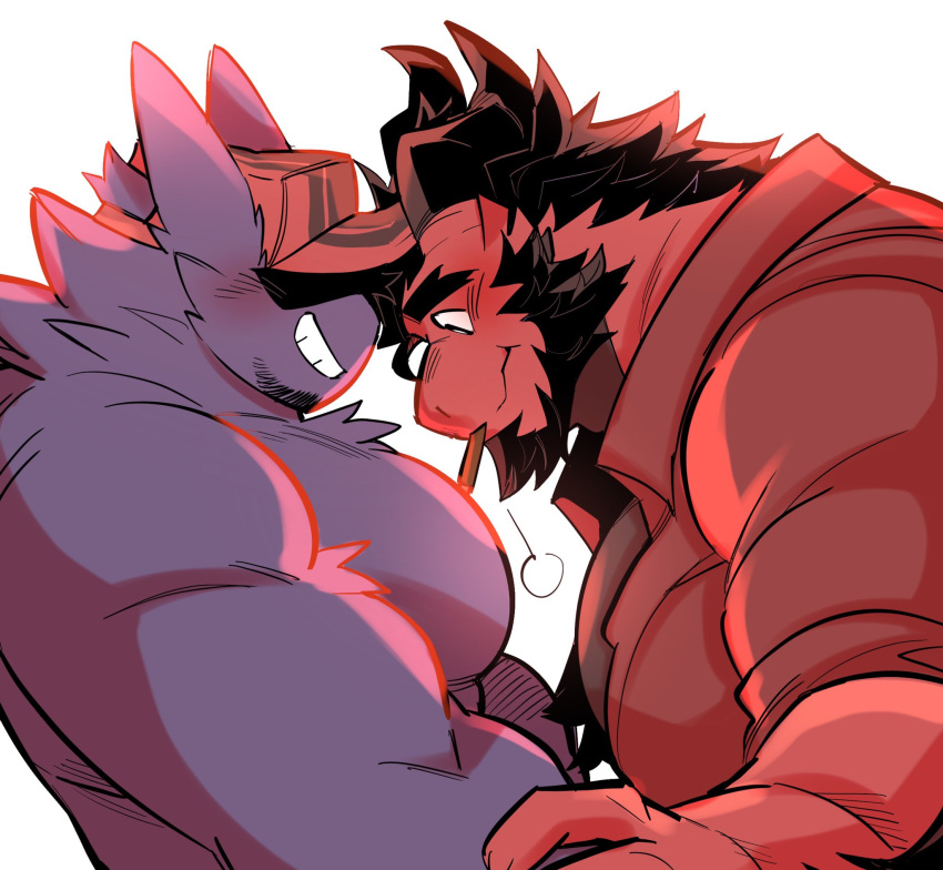 beard between_pecs black_hair blush clothed clothing dragon duo facial_hair food fur gengar hair hat headgear headwear hi_res hidden_eyes horn juggermelon kokuhane kokuhane_(character) male male/male muscular muscular_male nintendo pecs pocky pok&eacute;mon pok&eacute;mon_(species) purple_body purple_fur red_body simple_background smile stubble topless video_games white_background