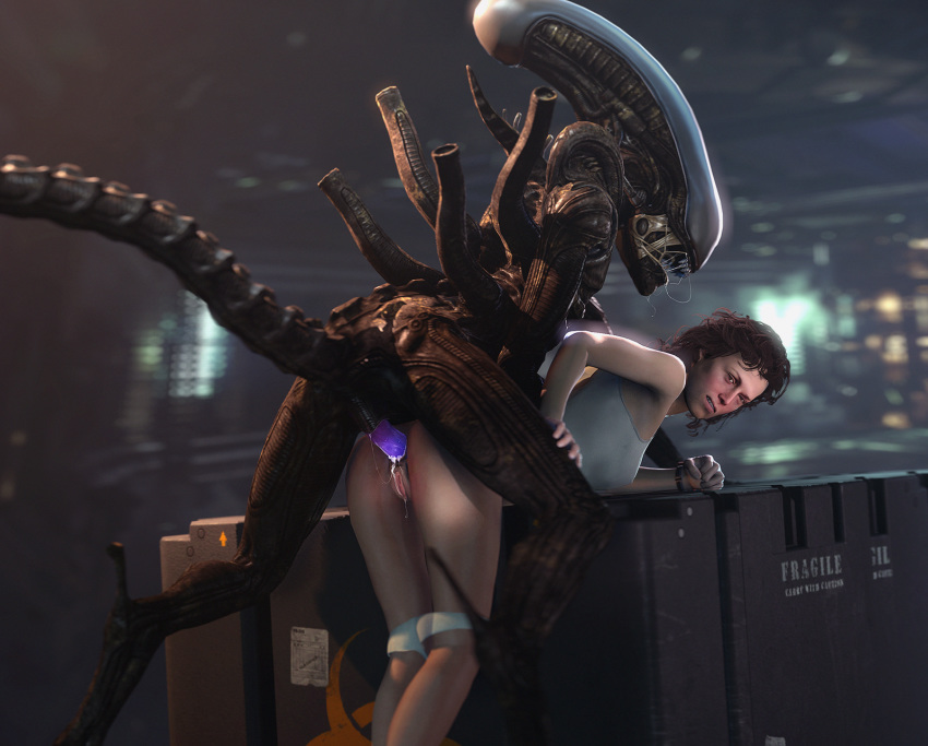 2020 3d_(artwork) alien alien_(franchise) anal anal_penetration bent_over bodily_fluids butt clothed clothing digital_media_(artwork) duo ellen_ripley female from_behind_position genital_fluids genitals hi_res human human_on_humanoid human_penetrated humanoid interspecies male male/female male_penetrating mammal nhornissa partially_clothed penetration penis pussy saliva sex size_difference source_filmmaker teeth xenomorph