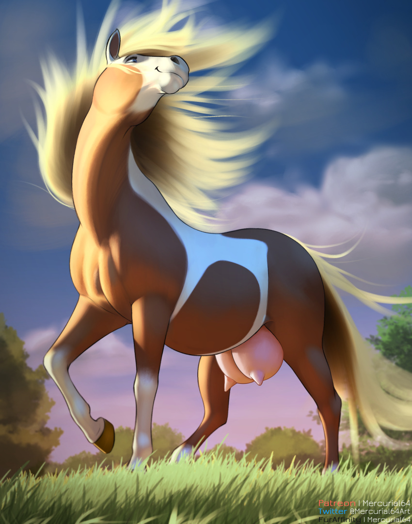 2020 absurd_res american_paint_horse cloud conditional_dnp detailed_background digital_media_(artwork) equid equine female feral grass hi_res hooves horse mammal mercurial64 outside rain_(cimarron) sky smile solo spirit:_stallion_of_the_cimarron teat teats text udders url