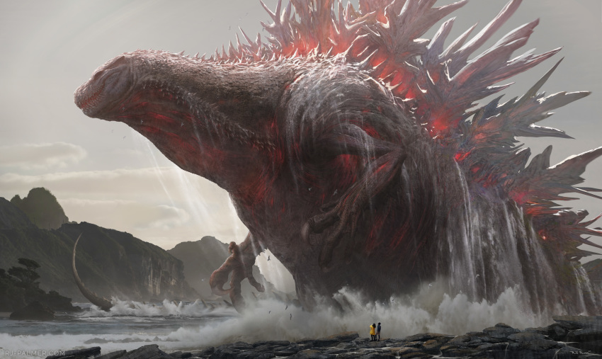 2019 absurd_res arvalis claws day detailed_background digital_media_(artwork) feral godzilla godzilla_(series) group hi_res human mammal outside partially_submerged sky teeth toho water
