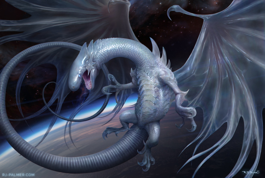 2019 absurd_res ambiguous_gender arvalis blue-eyes_white_dragon claws digital_media_(artwork) dragon feral hi_res konami membrane_(anatomy) membranous_wings open_mouth scales solo space teeth tongue white_body white_scales wings yu-gi-oh