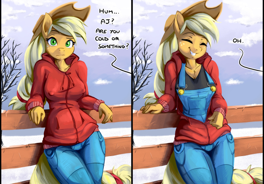 2020 anthro applejack_(mlp) clothed clothing dialogue digital_media_(artwork) english_text equid equine eyes_closed female fidzfox friendship_is_magic green_eyes grin hat headgear headwear hi_res looking_at_viewer mammal my_little_pony nipple_outline outside smile solo text winter