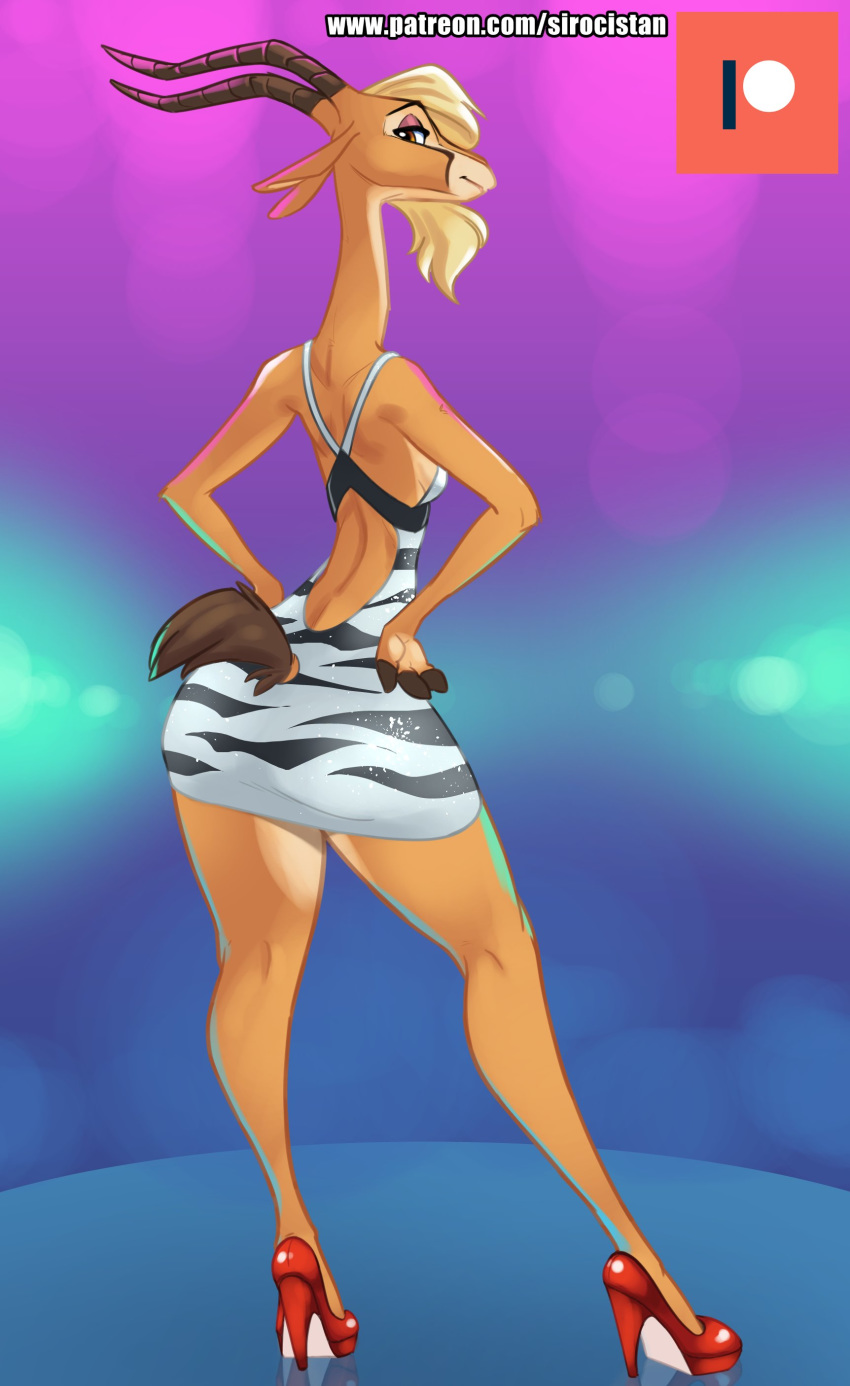 absurd_res antelope anthro blonde_hair bovid butt_pose clothing disney dress female footwear fur gazelle gazelle_(zootopia) hair hand_on_hip hi_res high_heels horn looking_at_viewer looking_back mammal pattern_clothing pose shoes short_dress siroc solo striped_clothing stripes tan_body tan_fur thick_thighs wide_hips zootopia