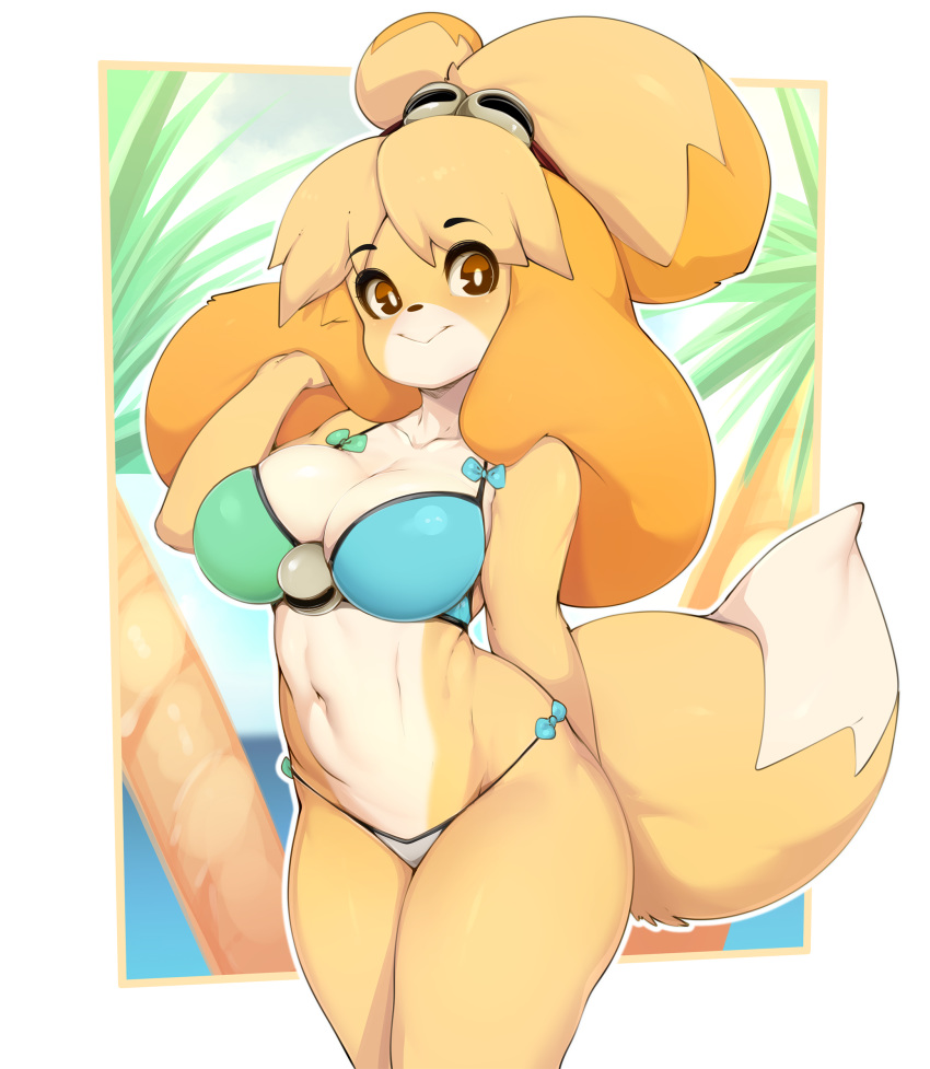 absurd_res animal_crossing anthro bikini breasts canid canine canis clothing domestic_dog female hi_res isabelle_(animal_crossing) looking_at_viewer mammal navel nintendo shih_tzu slugbox solo swimwear toy_dog video_games