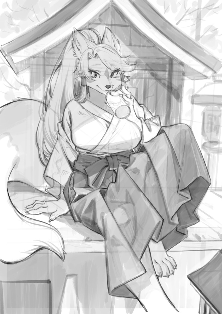 anthro aruurara asian_clothing barefoot beverage beverage_can bottomwear canid canine clothed clothing drinking east_asian_clothing facial_markings female fox fur gesture hair hakama haori head_markings hi_res hindpaw japanese_clothing kemono looking_at_viewer mammal markings miko_outfit monochrome paws pinky_out ponytail shinto_shrine shrine shrine_maiden sitting skirt smile solo