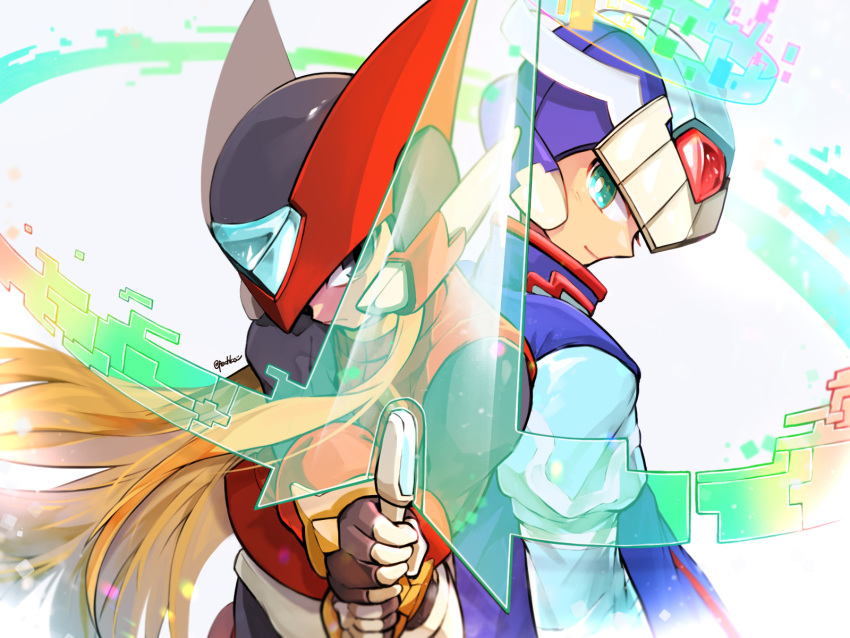 android armor black_bodysuit blonde_hair blue_clothing blue_eyes capcom clothing duo hair halo headgear helmet hi_res humanoid machine male mega_man_(series) mega_man_x_(character) mega_man_zero melee_weapon pechka red_clothing reploid robot simple_background sword video_games weapon white_background zero_(mega_man)