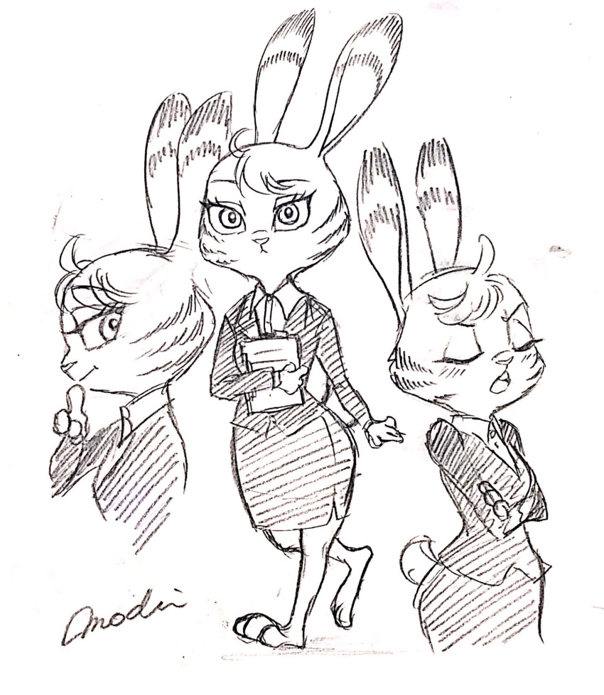 2018 anthro black_and_white clothed clothing crossed_arms crossgender disney ear_markings eyes_closed facial_markings female fully_clothed fur head_markings head_tuft hi_res jack_savage lagomorph leporid mammal markings mochigolo618 monochrome mtf_crossgender rabbit solo tuft zootopia