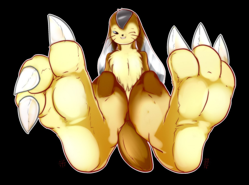 2018 3_toes ambiguous_gender barefoot black_background brown_body brown_fur claws digimon digimon_(species) feet floppy_ears foot_focus fur mammal one_eye_closed prairiemon signature simple_background smile soles solo toe_claws toes tuft whiskers xptzstudios
