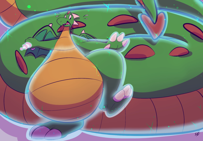 ambiguous_gender anthro arm_growth belly belly_growth big_belly bodily_fluids claws dragon flying_sweatdrops foot_growth green_body green_skin growth growth_ray hyper hyper_tail looking_back male pastelcore running running_away scared solo sweat sweatdrop tail_growth worried yellow_belly