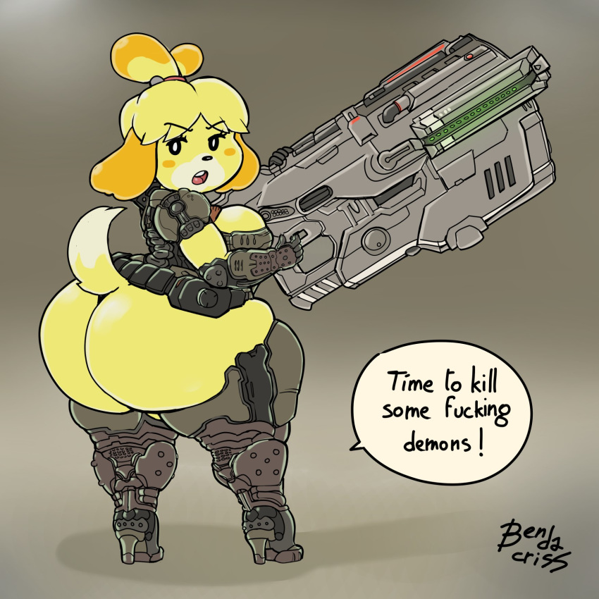 animal_crossing anthro armor artist_name bendacriss bfg big_breasts big_butt bottomless breasts butt butt_focus canid canine canis clothed clothing domestic_dog doom_(series) english_text female footwear gun hi_res high_heels huge_butt huge_hips huge_thighs id_software isabelle_(animal_crossing) mammal nintendo praetor_suit profanity ranged_weapon shih_tzu shoes signature simple_background solo solo_focus text thick_thighs toy_dog unconvincing_armor video_games weapon wide_hips