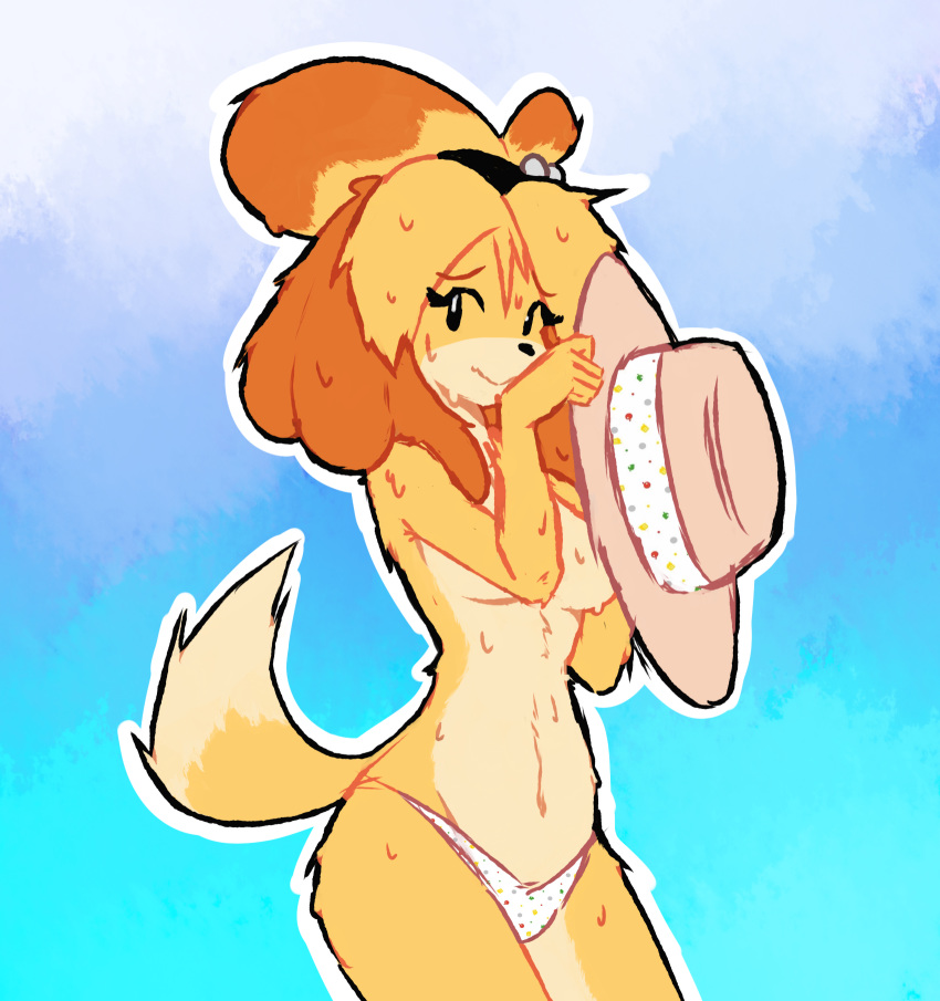 2020 5_fingers animal_crossing anthro canid canine canis clothing convenient_censorship domestic_dog female fingers fur hat headgear headwear hi_res isabelle_(animal_crossing) mammal nintendo offon panties seaside shih_tzu solo toy_dog underwear video_games wet