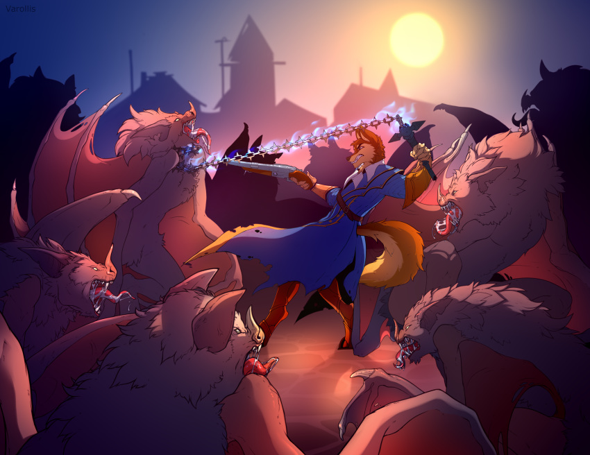 absurd_res angry_eyes anthro background_characters canid canine canis castle castlevania cel-shaded chiropteran cross fight fighting_back fighting_pose full_moon group gun hi_res konami male mammal medieval_clothing medieval_fantasy microchiropteran moon nightime phyllostomid pose rafael_belmont ranged_weapon sawed-off_shotgun shotgun surrounded town vampire_bat varollis video_games weapon whip whipping wolf yangochiropteran