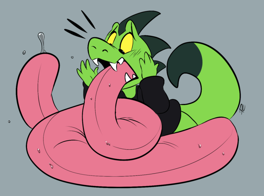ambiguous_gender anthro bodily_fluids green_body green_skin growth hyper hyper_tongue lizard pastelcore reptile saliva scalie solo teeth tongue tongue_growth tongue_out worried yellow_sclera