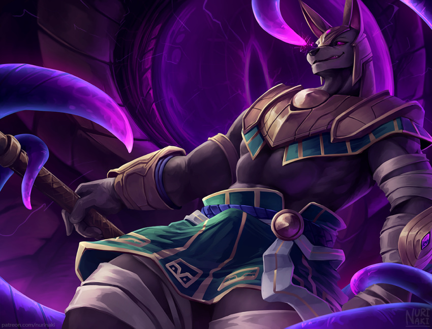anthro anubian_jackal armor bulge canid canine canis clothing jackal league_of_legends looking_at_viewer male mammal muscular muscular_male nasus_(lol) nurinaki riot_games solo tentacles vel'koz_(lol) video_games
