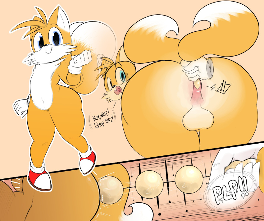 anal_beads anthro anus backsack balls big_butt butt canid canine clothing comic footwear fox genitals girly hi_res looking_at_viewer looking_back male mammal miles_prower navel nude ota_(artist) sex_toy shoes simple_background solo sonic_the_hedgehog_(series) wide_eyed wide_hips yellow_background