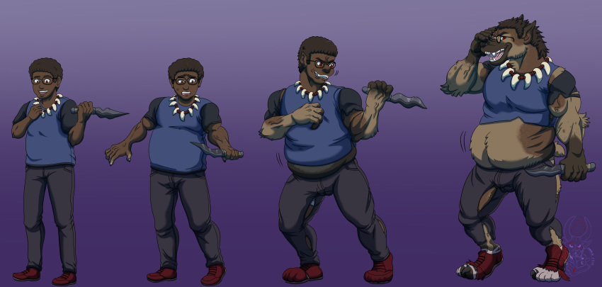 absurd_res anthro bottomwear clothing eyewear glasses gnoll hi_res human human_to_anthro hyaenid jewelry justinfox knife mammal necklace pants sequence shirt solo species_transformation topwear transformation
